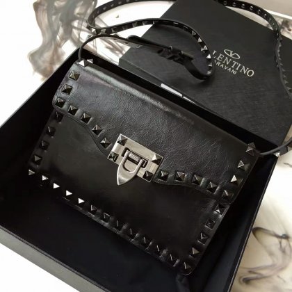 Valentino Guitar Rockstud Rolling Small Black Leather Strap Crossbody Bag